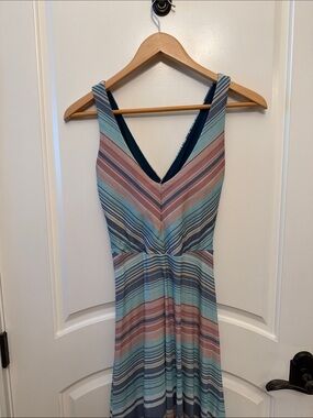 Prana Striped V-Neck Sleeveless Maxi Dress in Blue and Pink M